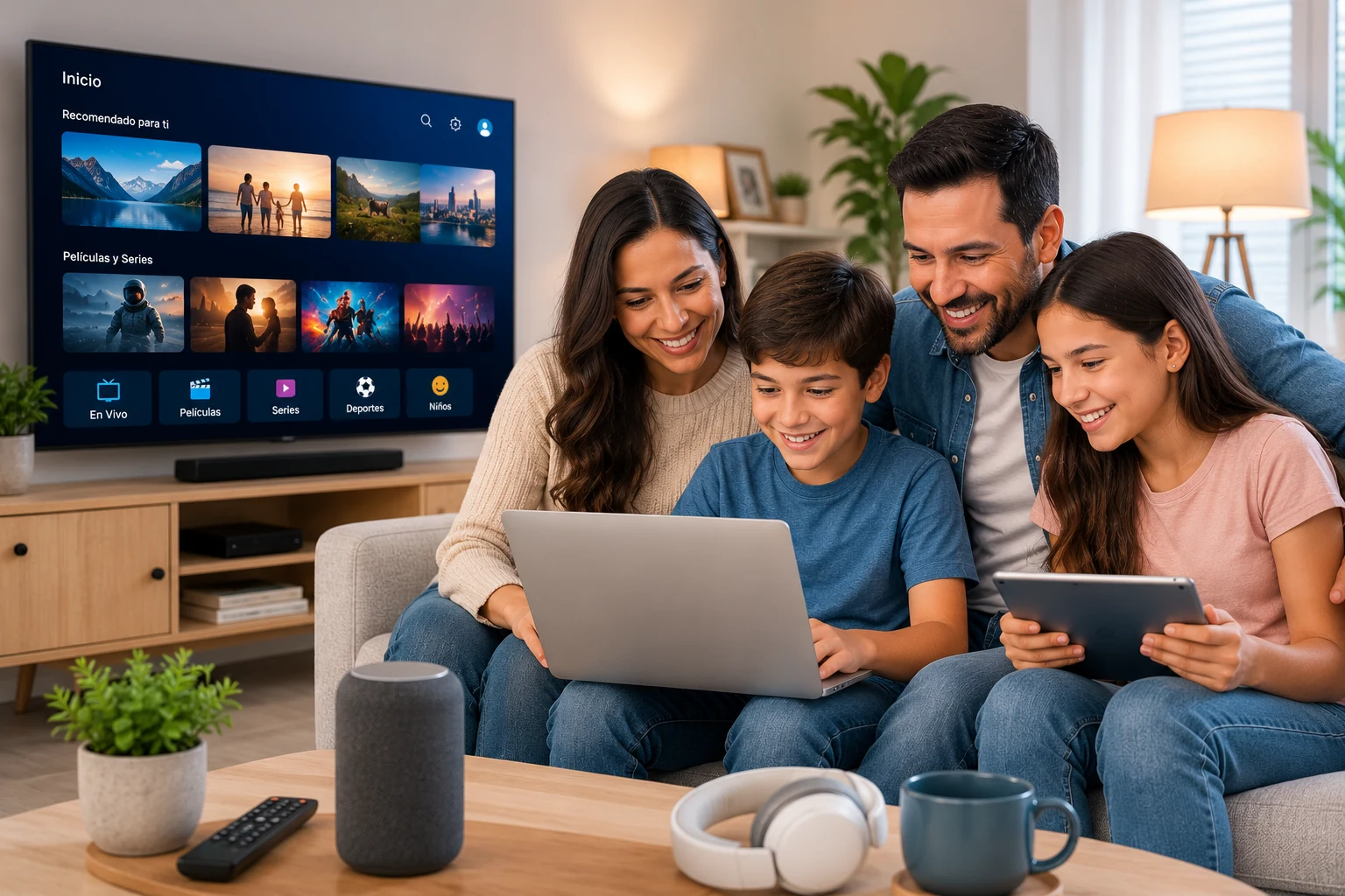 Familia disfrutando Internet residencial, streaming y múltiples dispositivos